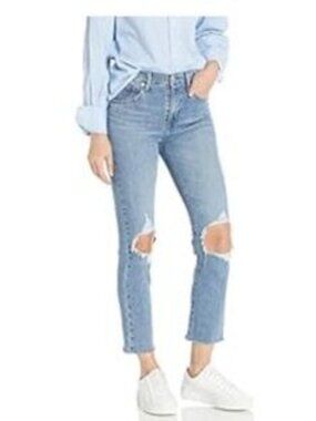 Levi's High Rise Straight Crop Distressed Ripped Knees Frayed Hem Denim Sz 28